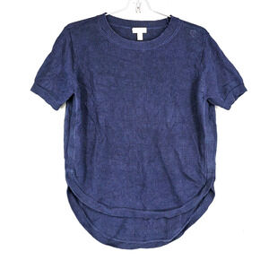 Garnet Hill Knit XS Short Sleeve 100% Linen Sweater Top High Low Hem Navy Blue